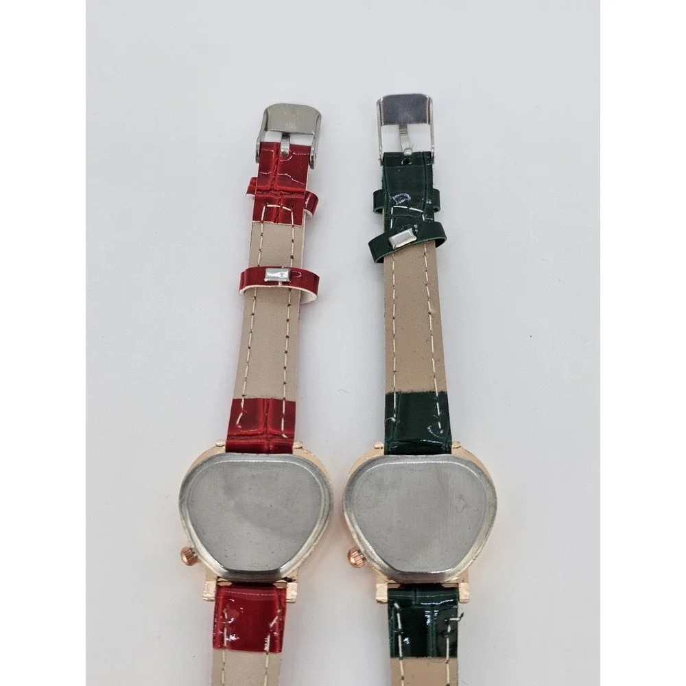 2X Girl's Women's Watch Heart Shape Green Red Dial 28MM Green‎ Red Leather Bands